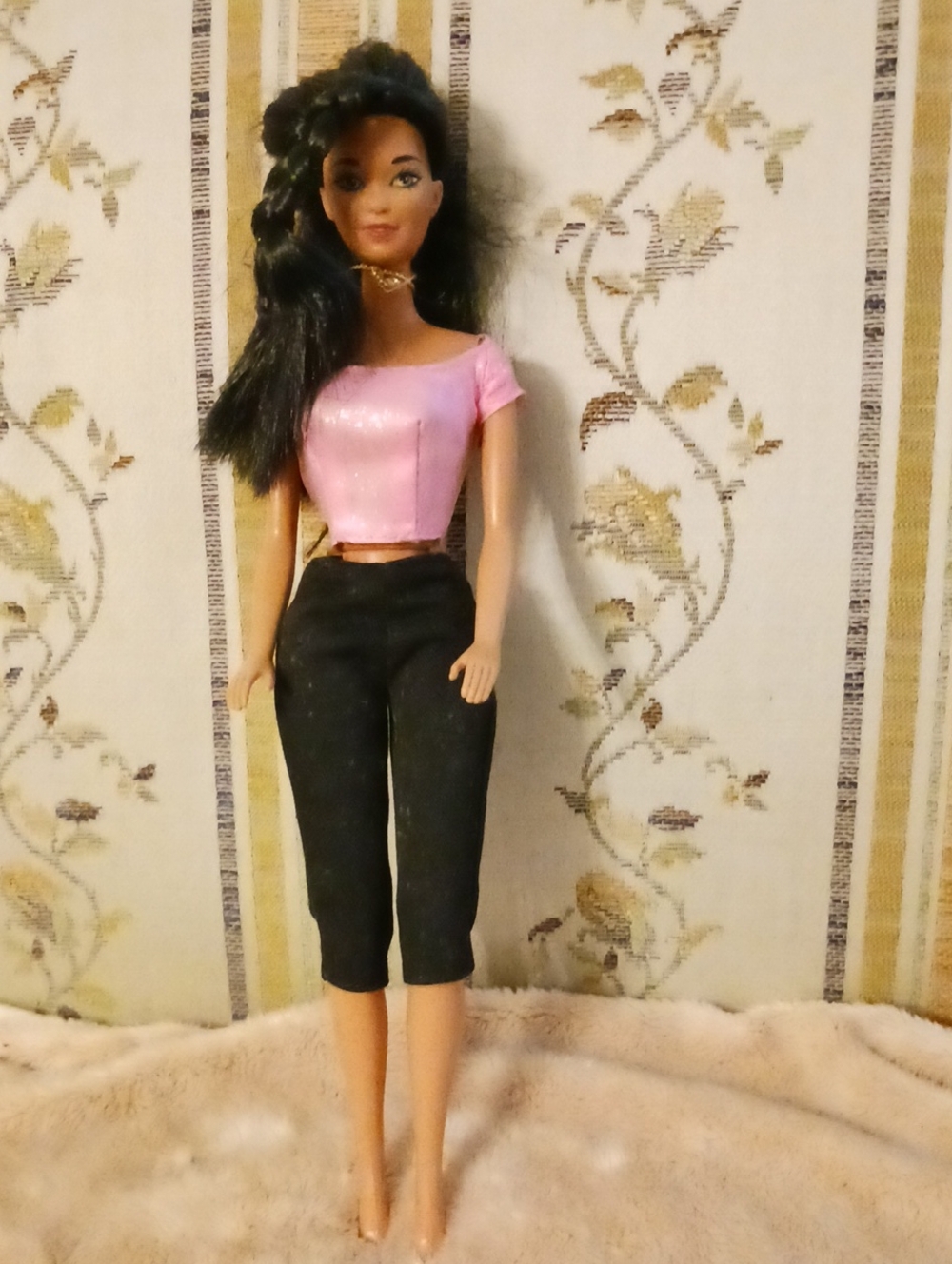 Barbie Black Capris with Pink Crop Top Doll Outfit